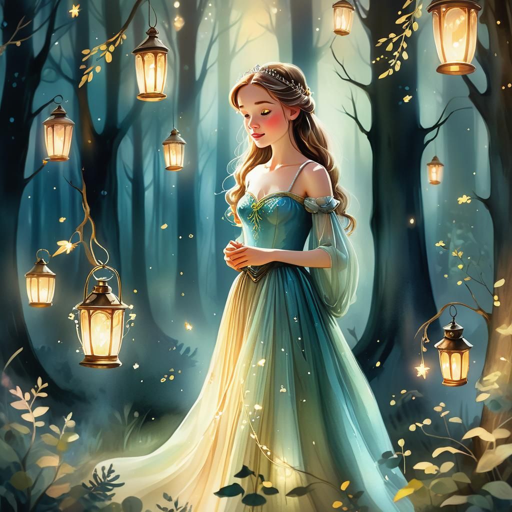 Enchanted Princess in Dreamy Forest Watercolor