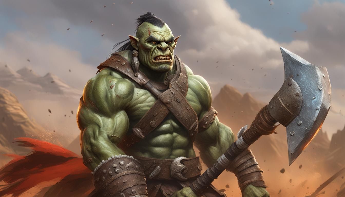 Orc Warrior with Axe, Hyperrealistic Splash Art