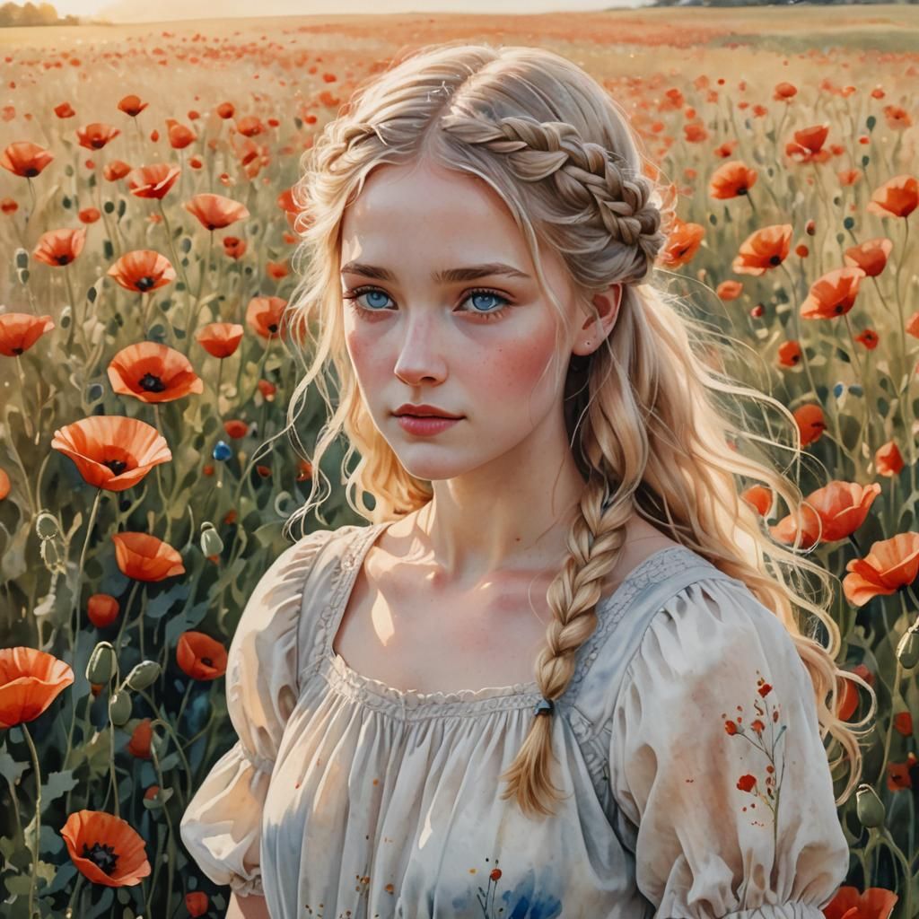 Girl in Poppy Field: Whimsical Watercolor Portrait
