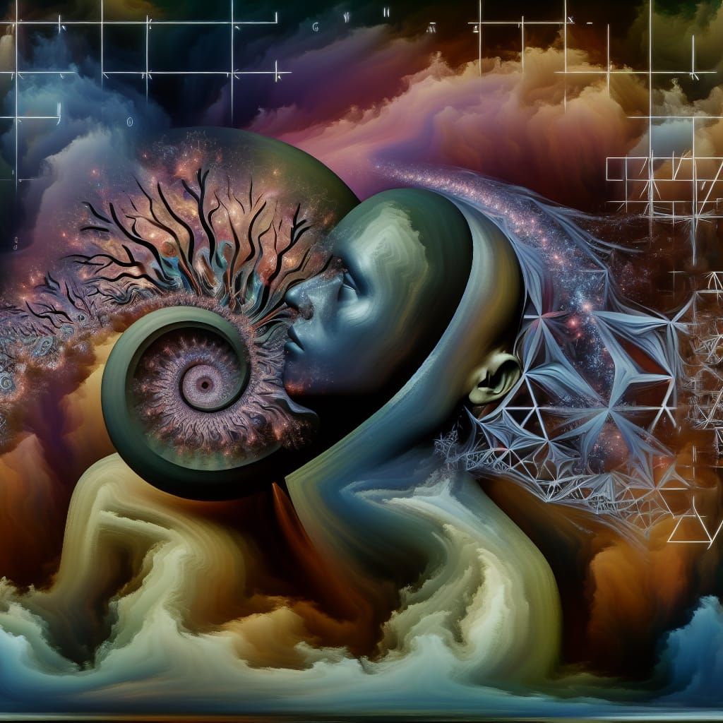 Surreal Figures Merge in Dreamlike Futuristic Landscape