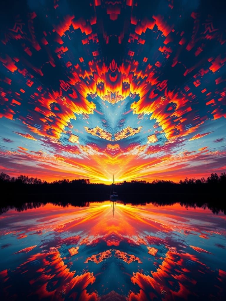 Symmetrical Kaleidoscope Sunset over Lake