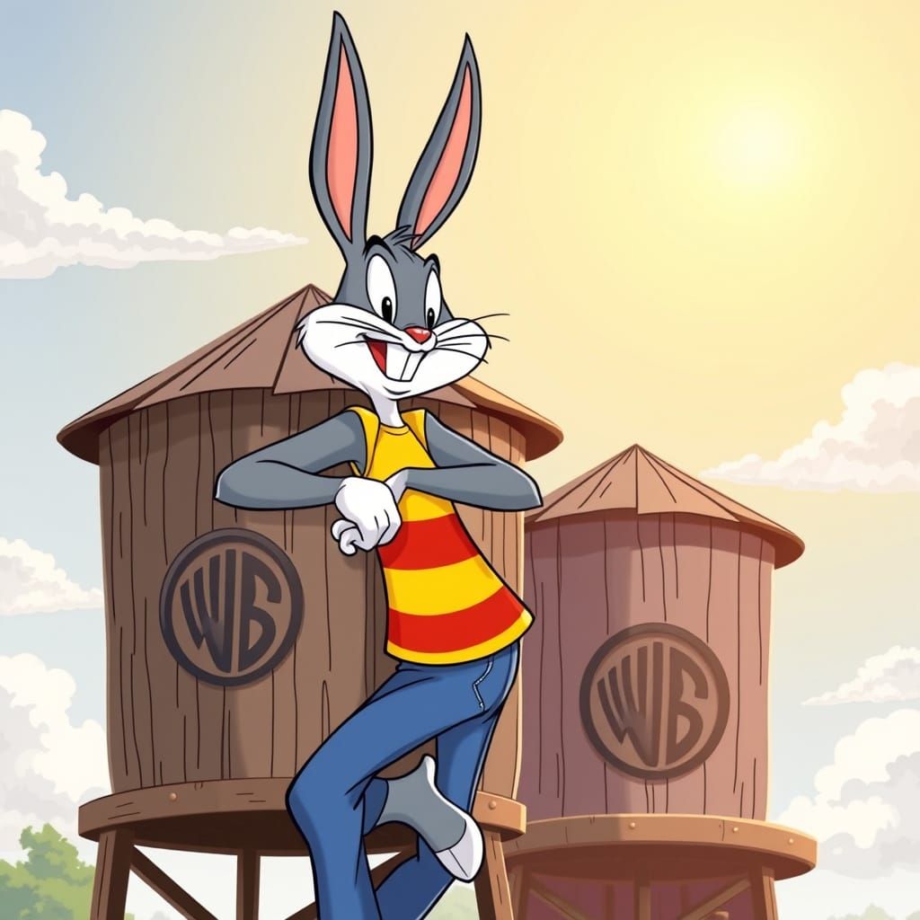 Looney Tunes-Style Cartoon Bunny Leans on Water Tower