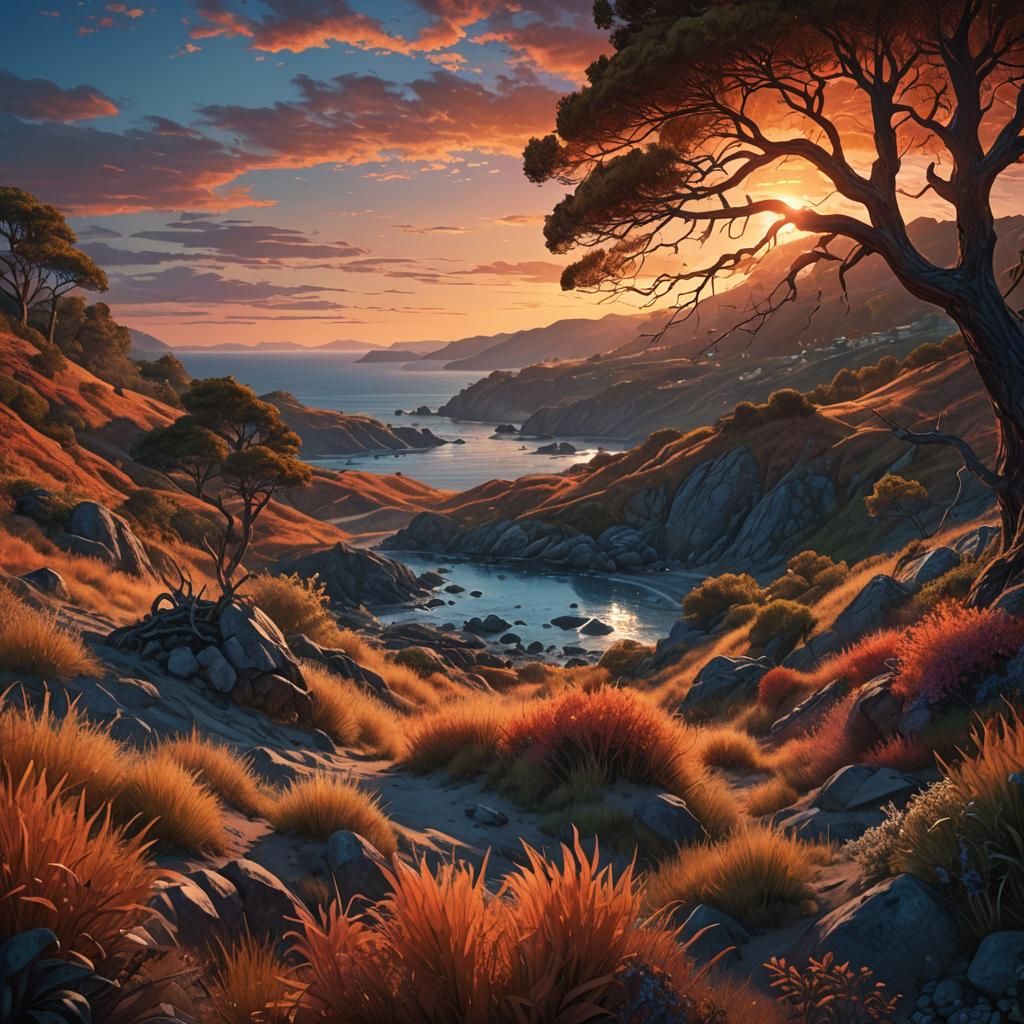 Fiery Sunset Over Serene Coastline in Fantasy Style
