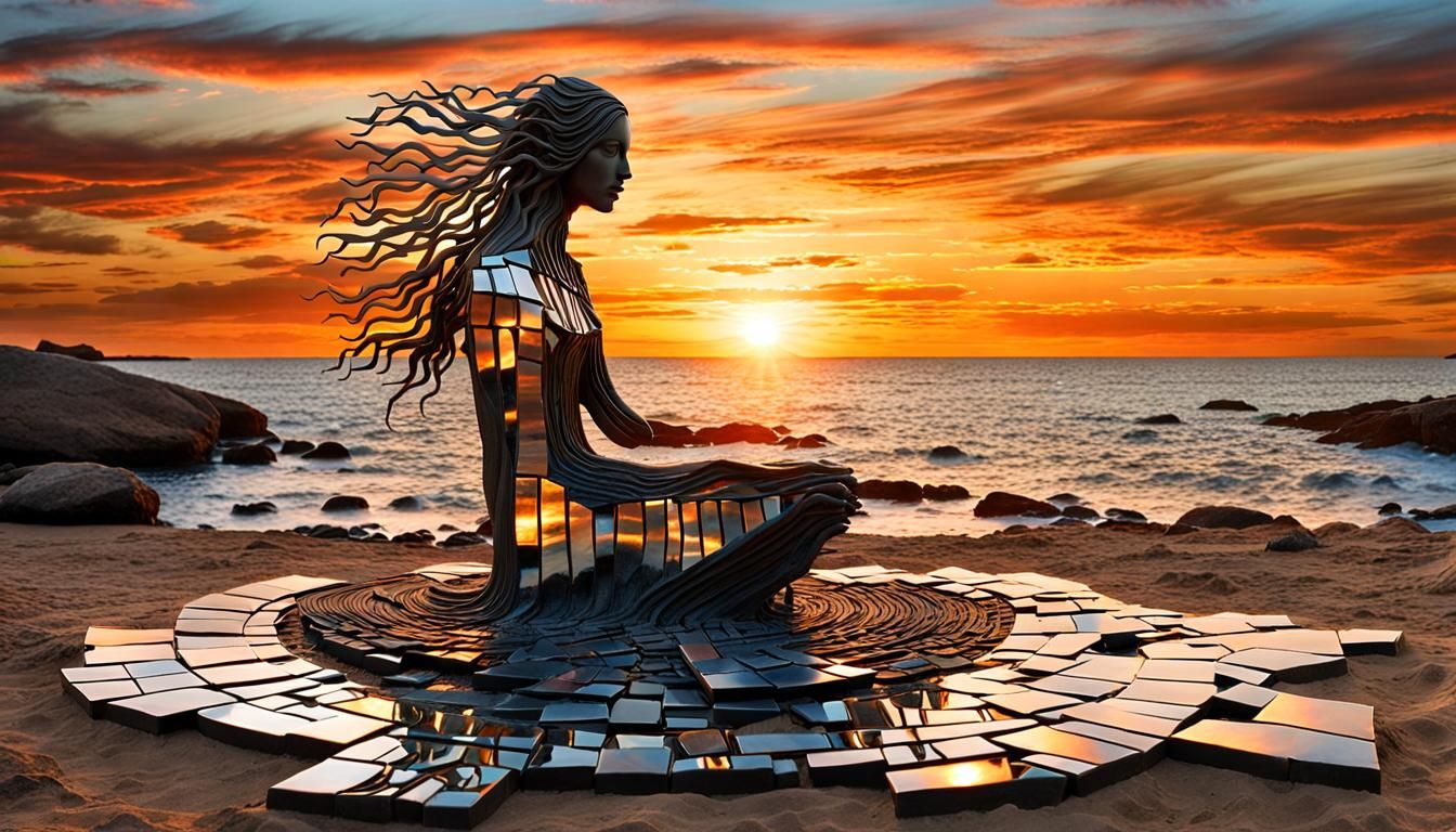 Surreal Fragmented Sculpture of Woman at Sunset