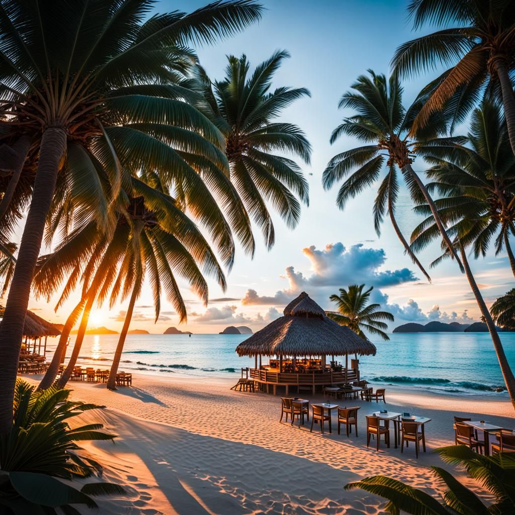 Tropical Beach Sunset Wide-Angle View