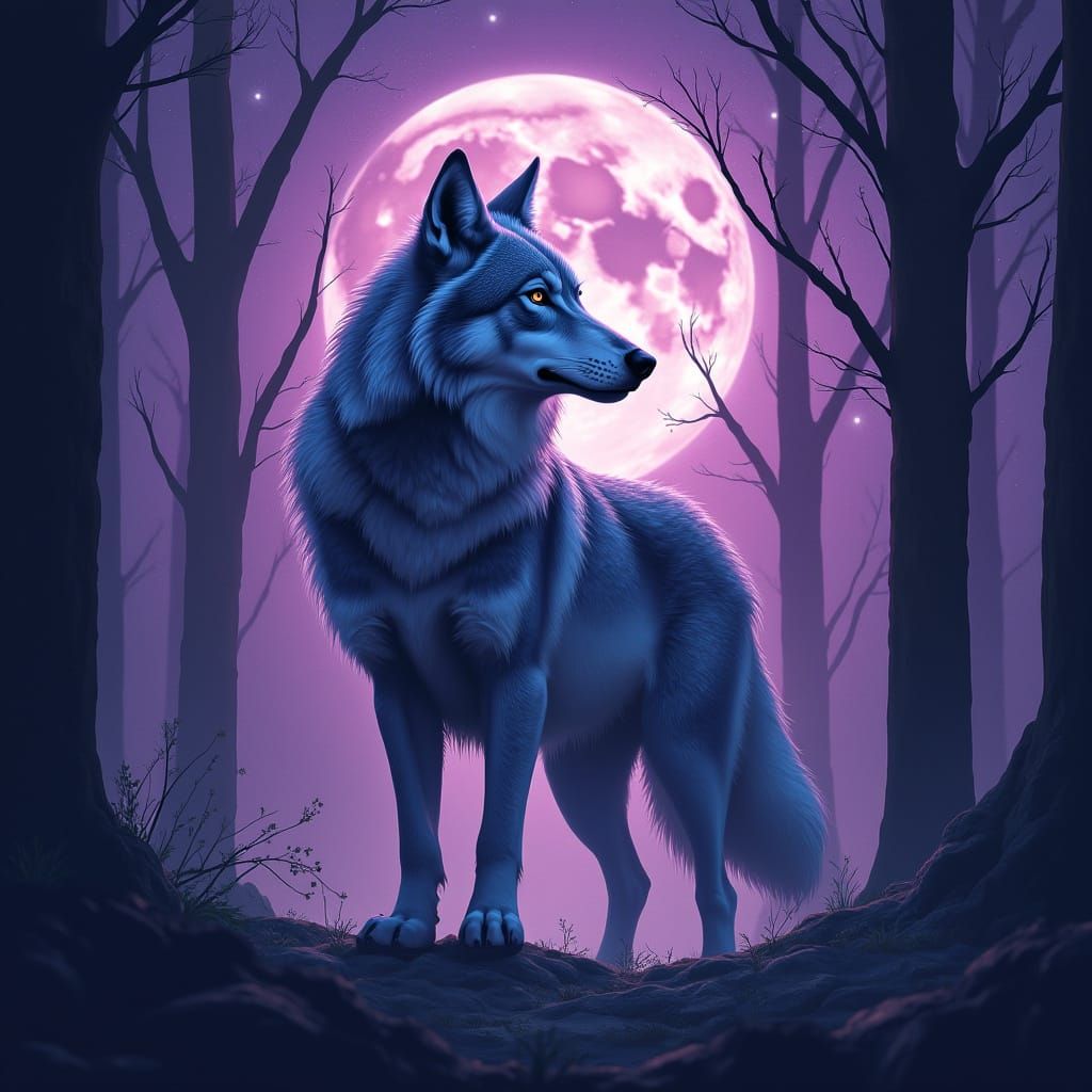 Wolf in Moonlight with Purple Galaxy Background