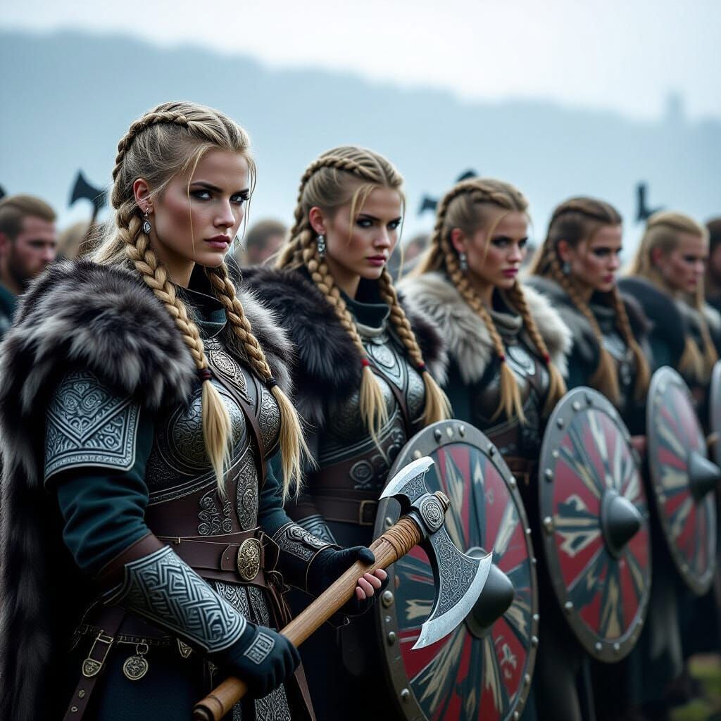 Female Viking Warriors in Foggy Battle Readiness