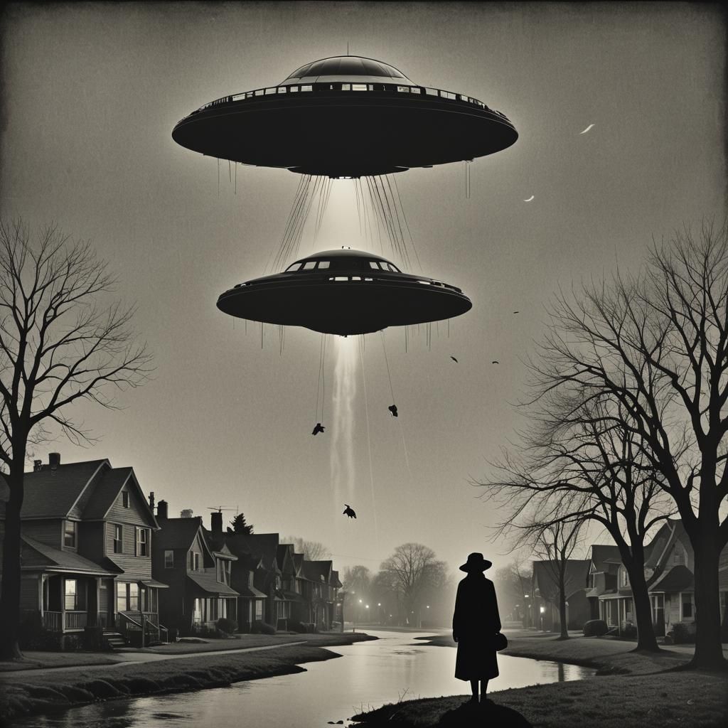 Fantasy UFO Otter in Neighborhood Silhouette Vector