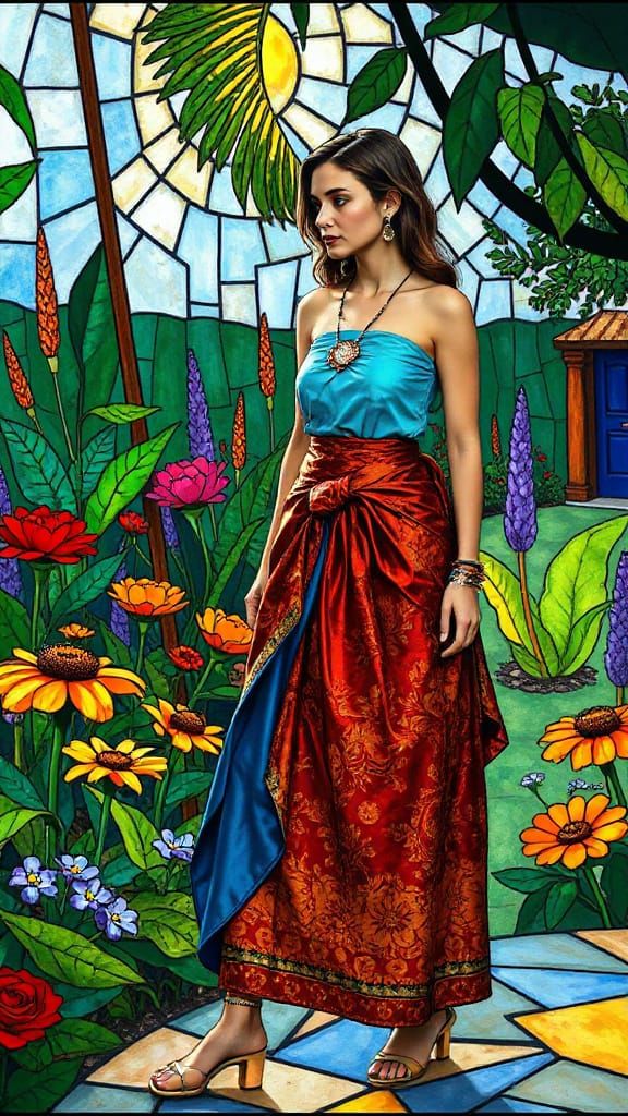 Fauvist Garden: Lady in Sarong as Stained Glass