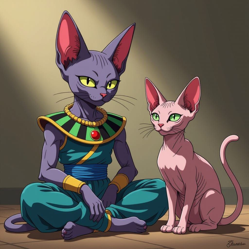 Beerus and Sphynx Cat in Studio Trigger Anime Style