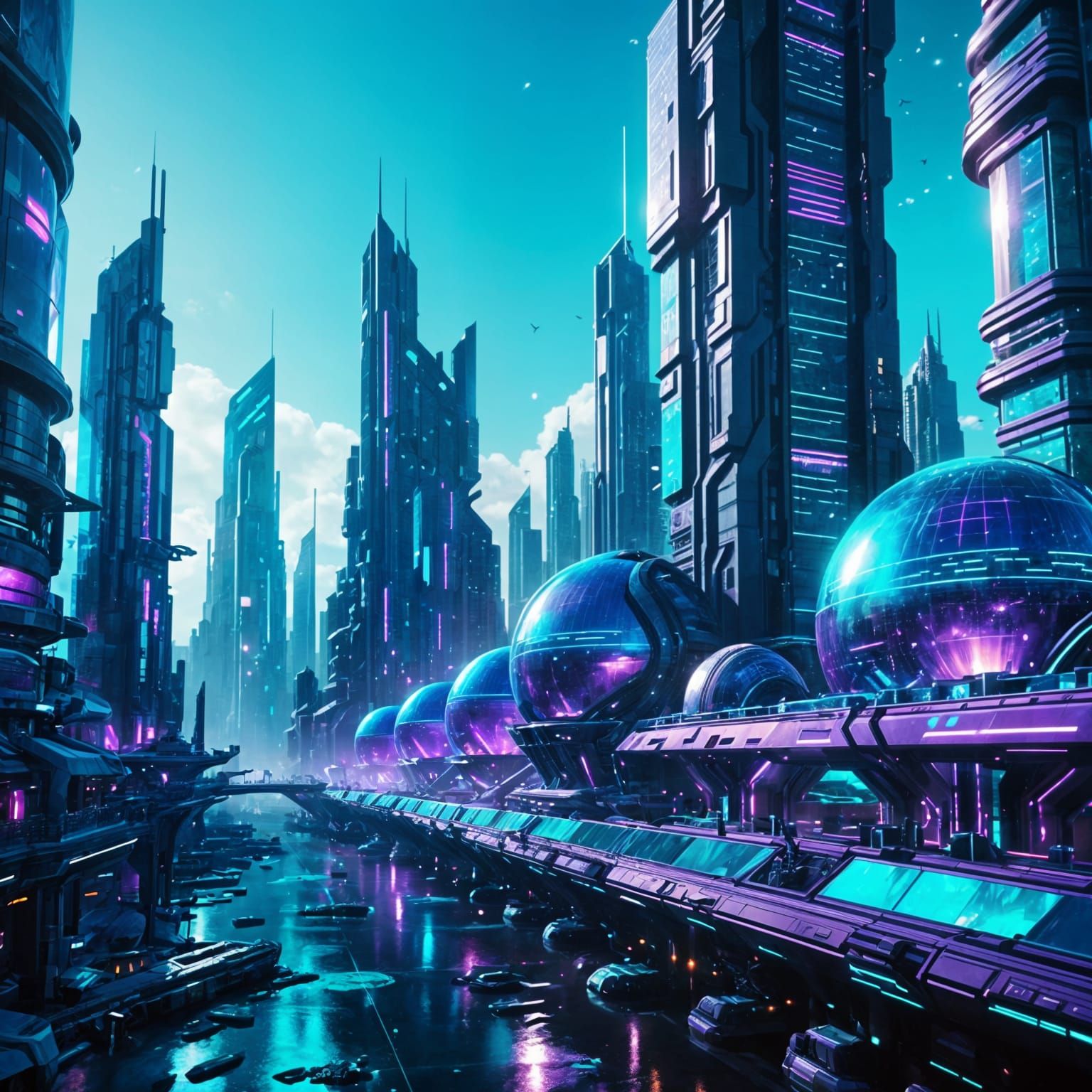 Futuristic Purple and Turquoise Sci-Fi City