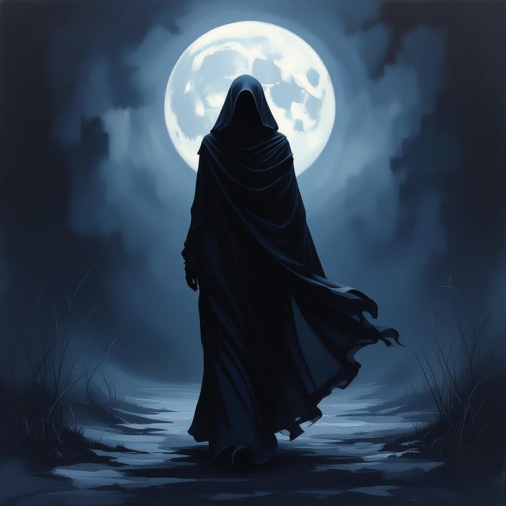 Woman in Black Cloak Walking Through Void as Impasto