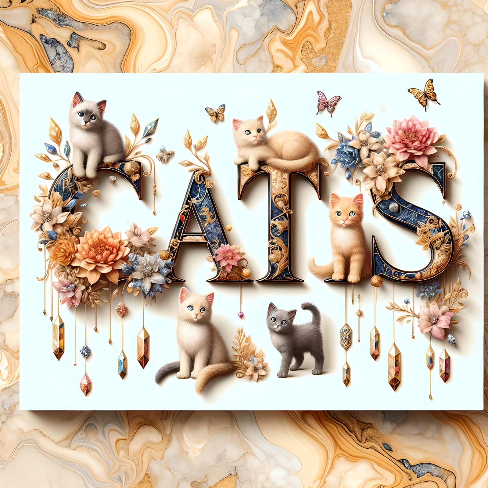 Ornate 3D Word Art with Kittens, Crystals and Gold