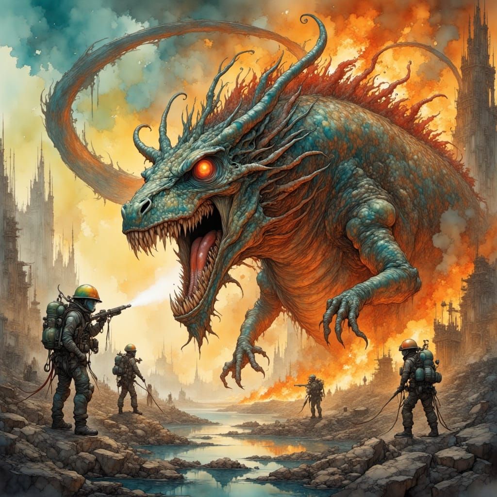 Firefighters Battle Dragon Flames in Dark Fantasy Style
