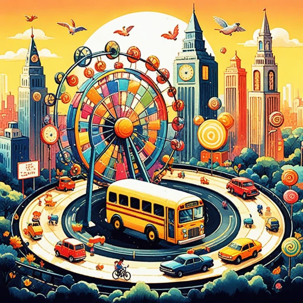 Colorful Bus Drives Through Lively Town in Whimsical Digital...