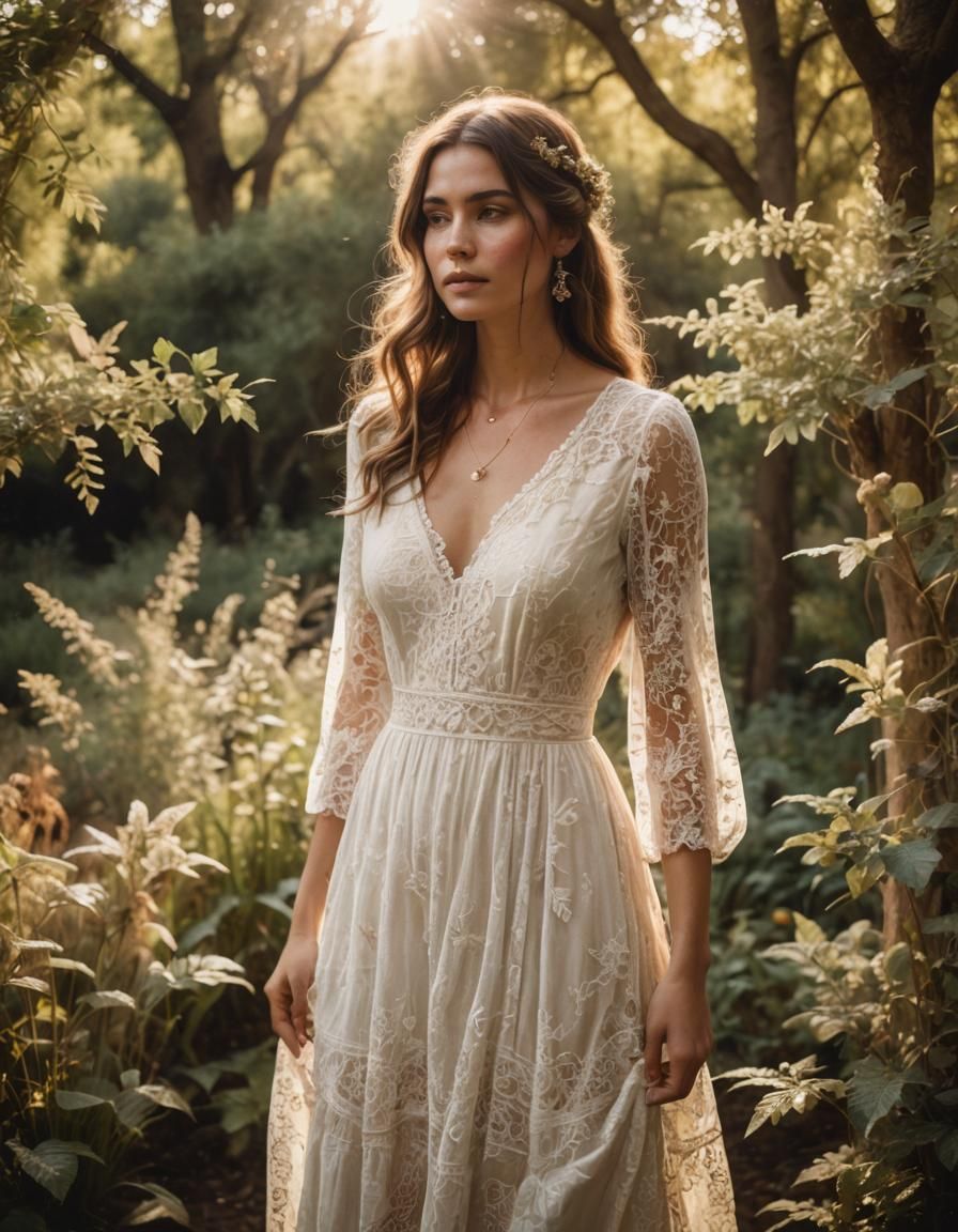 Romantic Portrait of Woman in Garden, Analog Film Aesthetic