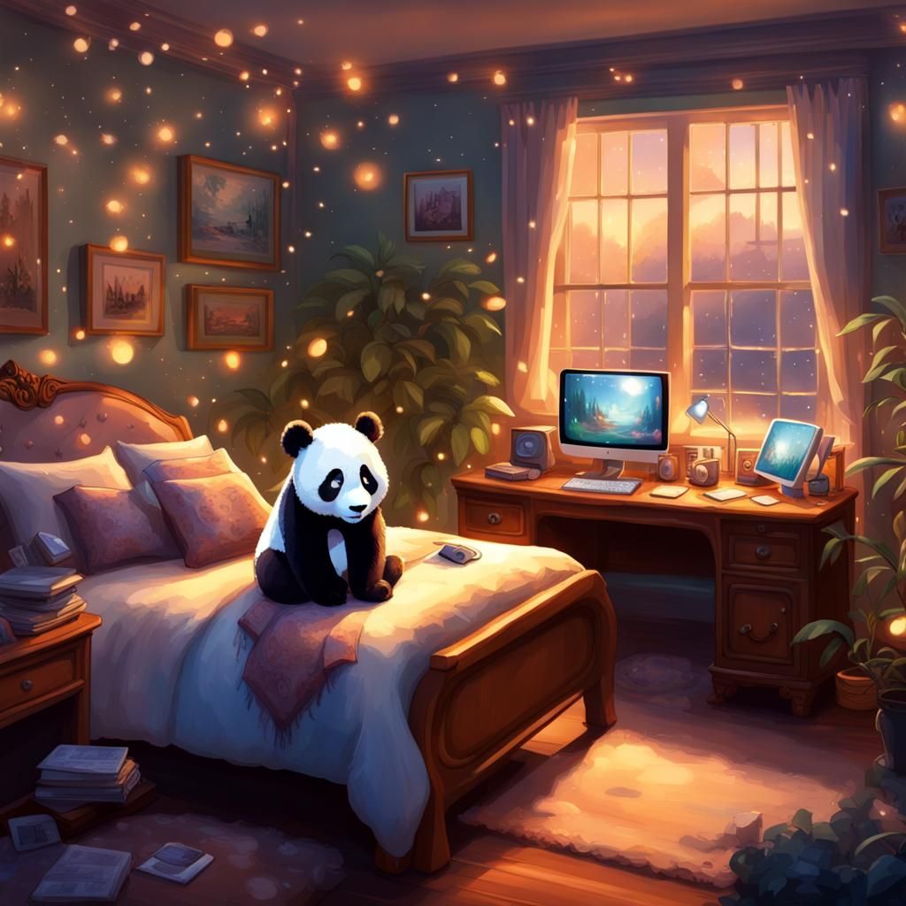 Animated Twinkling lights, desk at the front near camera desk and chair facing front of bedroom, cute panda bed in the r...