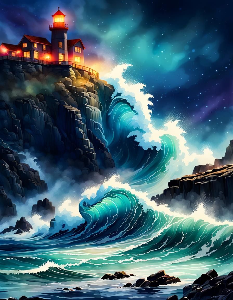 Ocean Waves Crashing on Cliff at Night in Watercolor