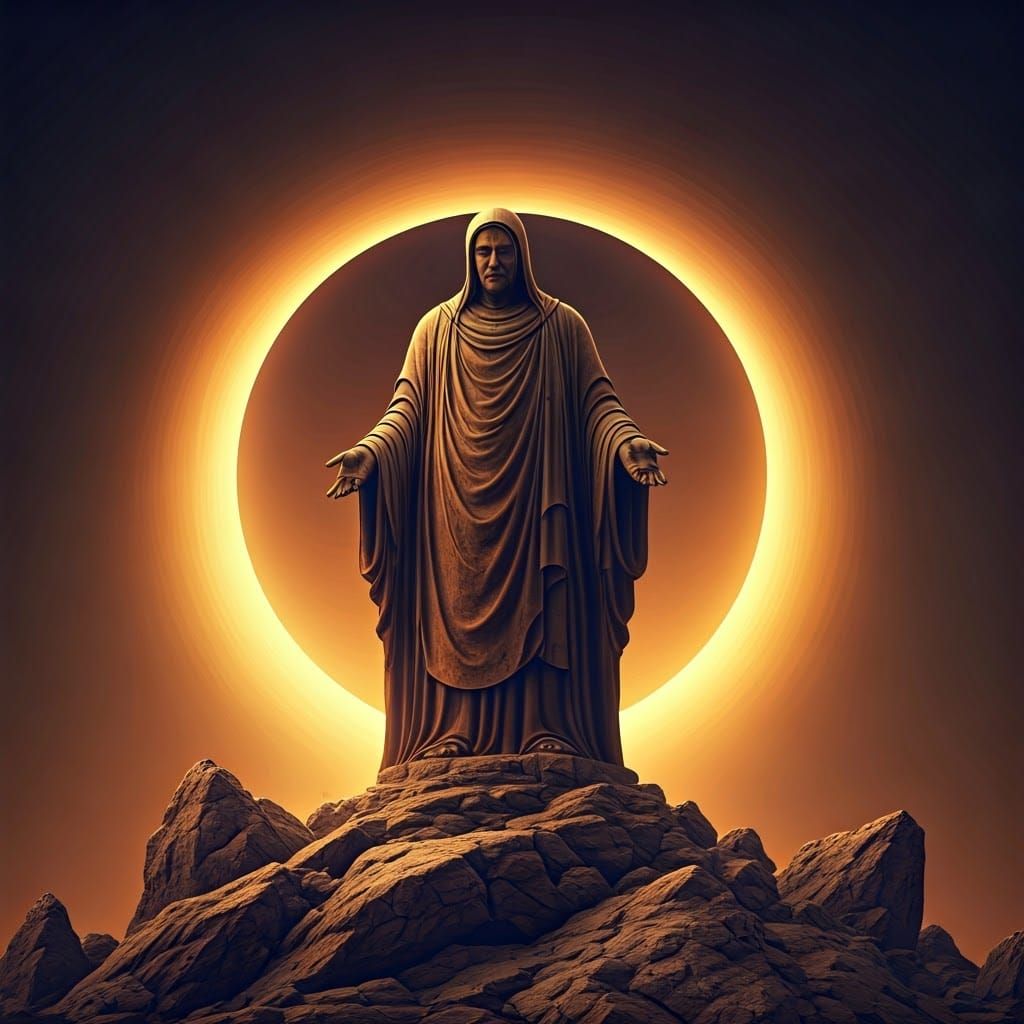 Weathered Ancient Statue Amidst Golden Moonlight