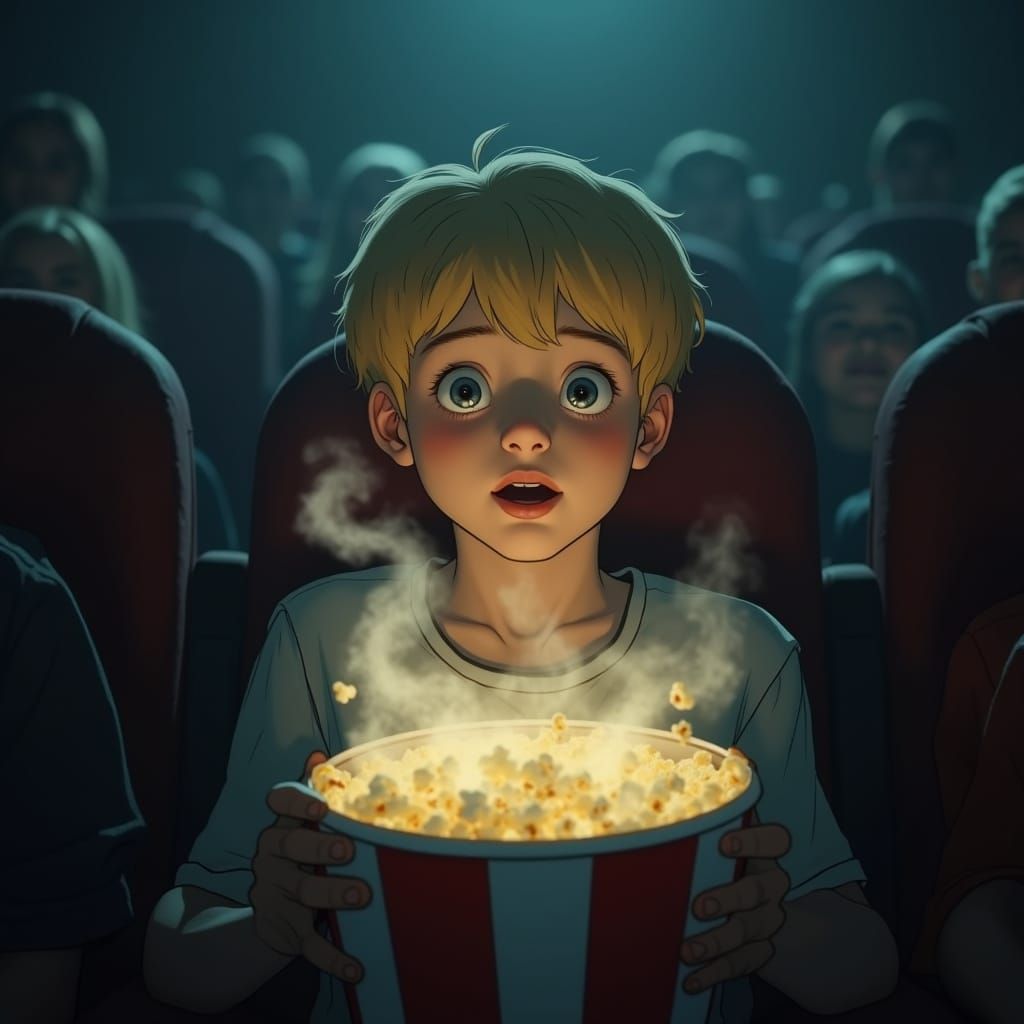 Blond Boy Confronts Vanishing Popcorn in Haunting Cinema Sce...