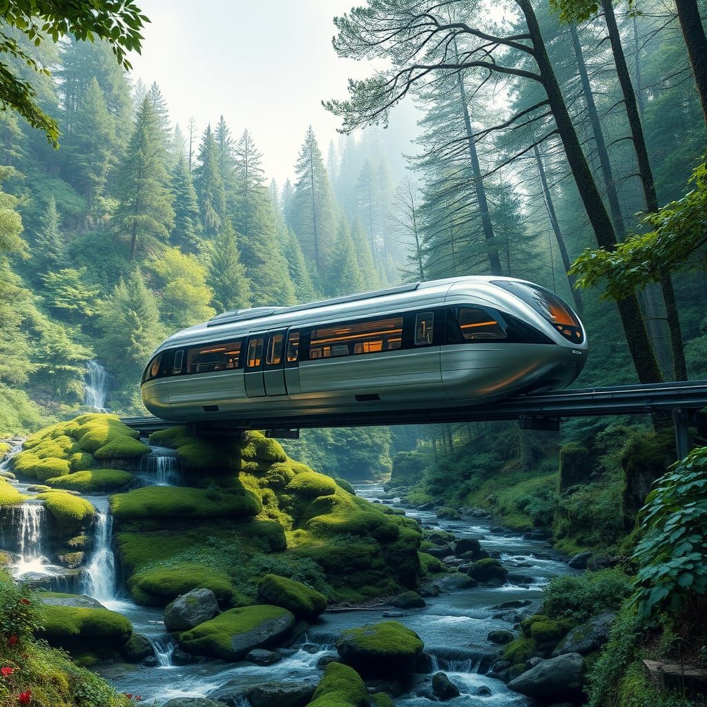 Sleek Japanese Bullet Train Glides Above Vibrant Forest