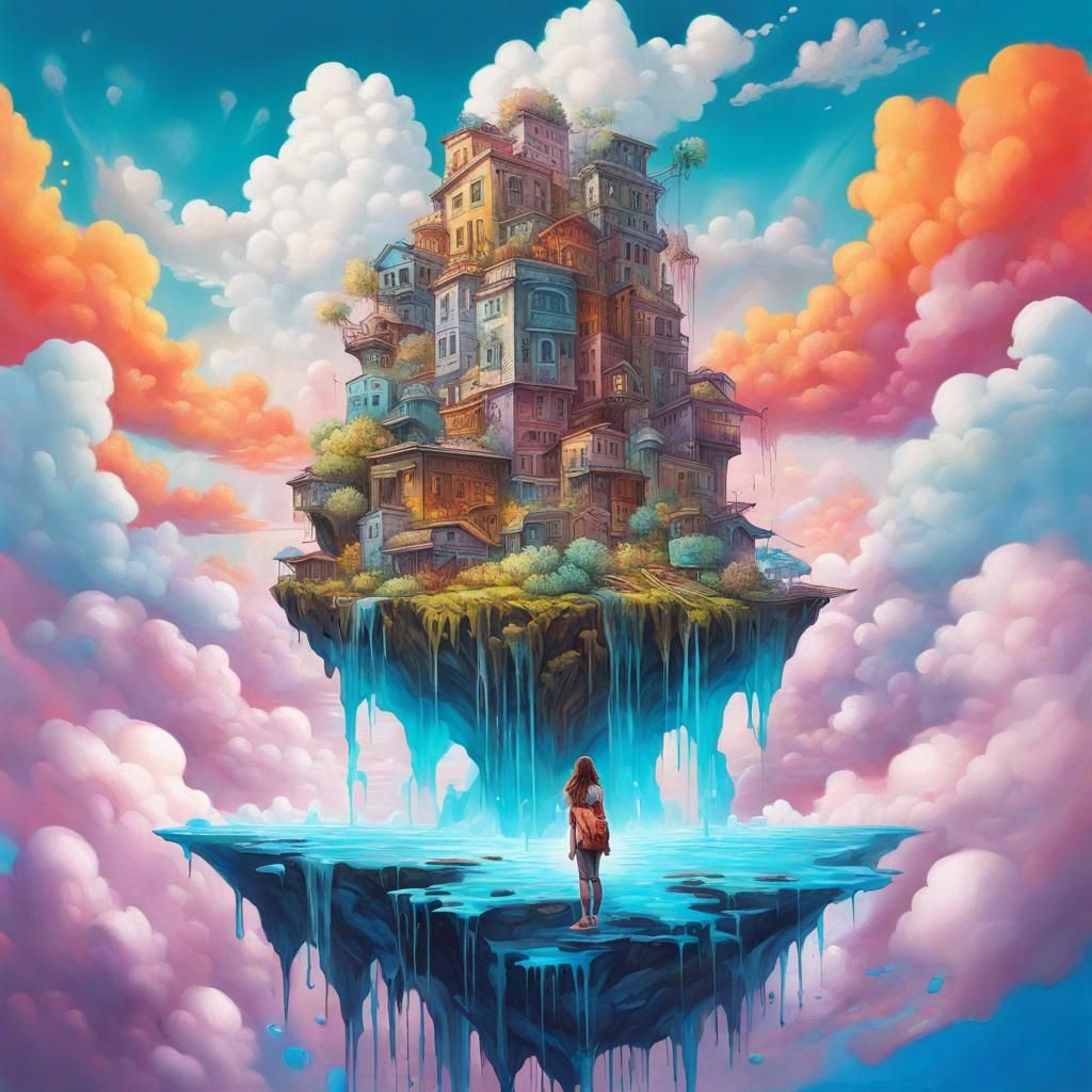 Woman Above Floating Island City: Graffiti Art Style