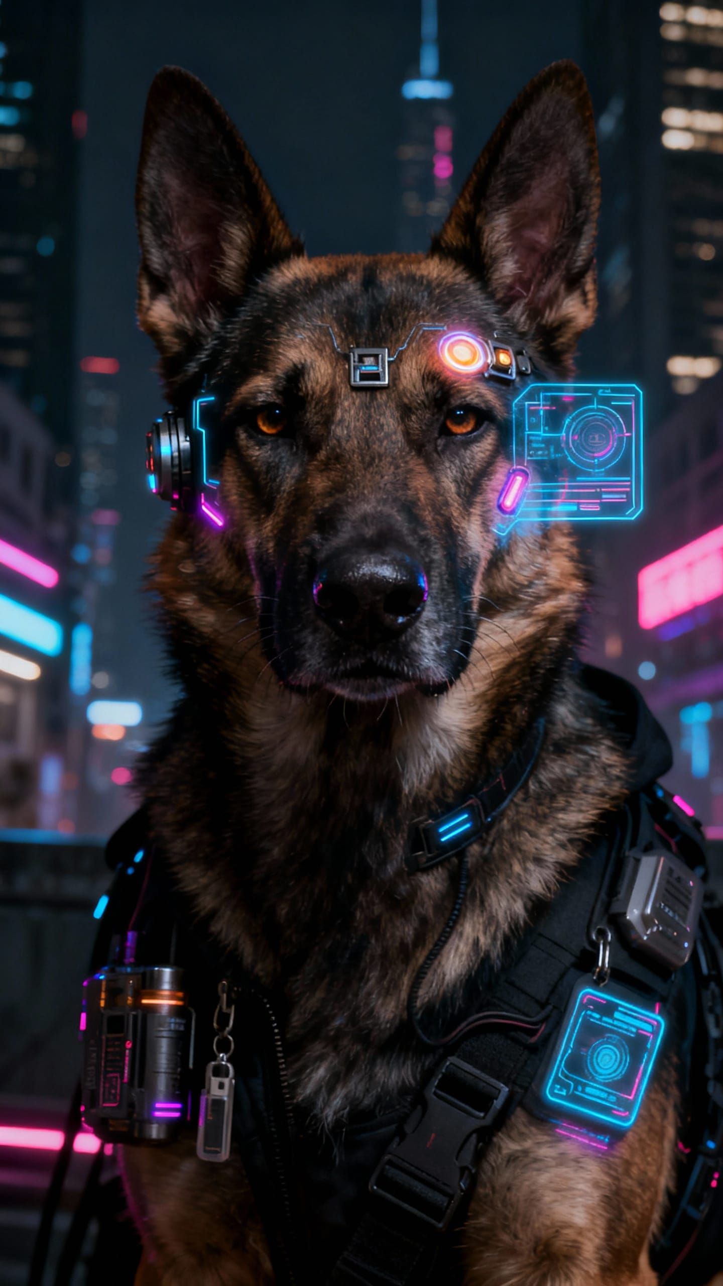 Cyberpunk Dog Criminal Face in Neon Urban Setting