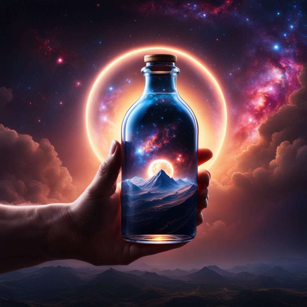 Divine Hand Holds Galaxy in Bottle: Epic Digital Art