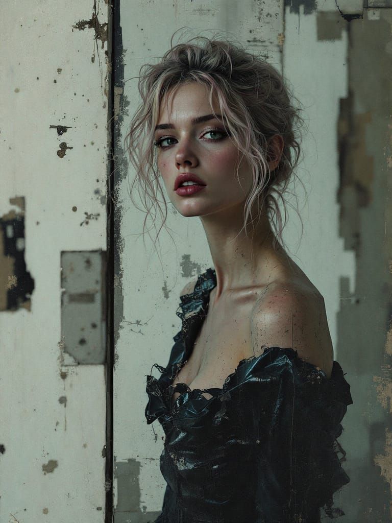 Pin Up Woman with Pink Tipped Hair in Cyan Dress