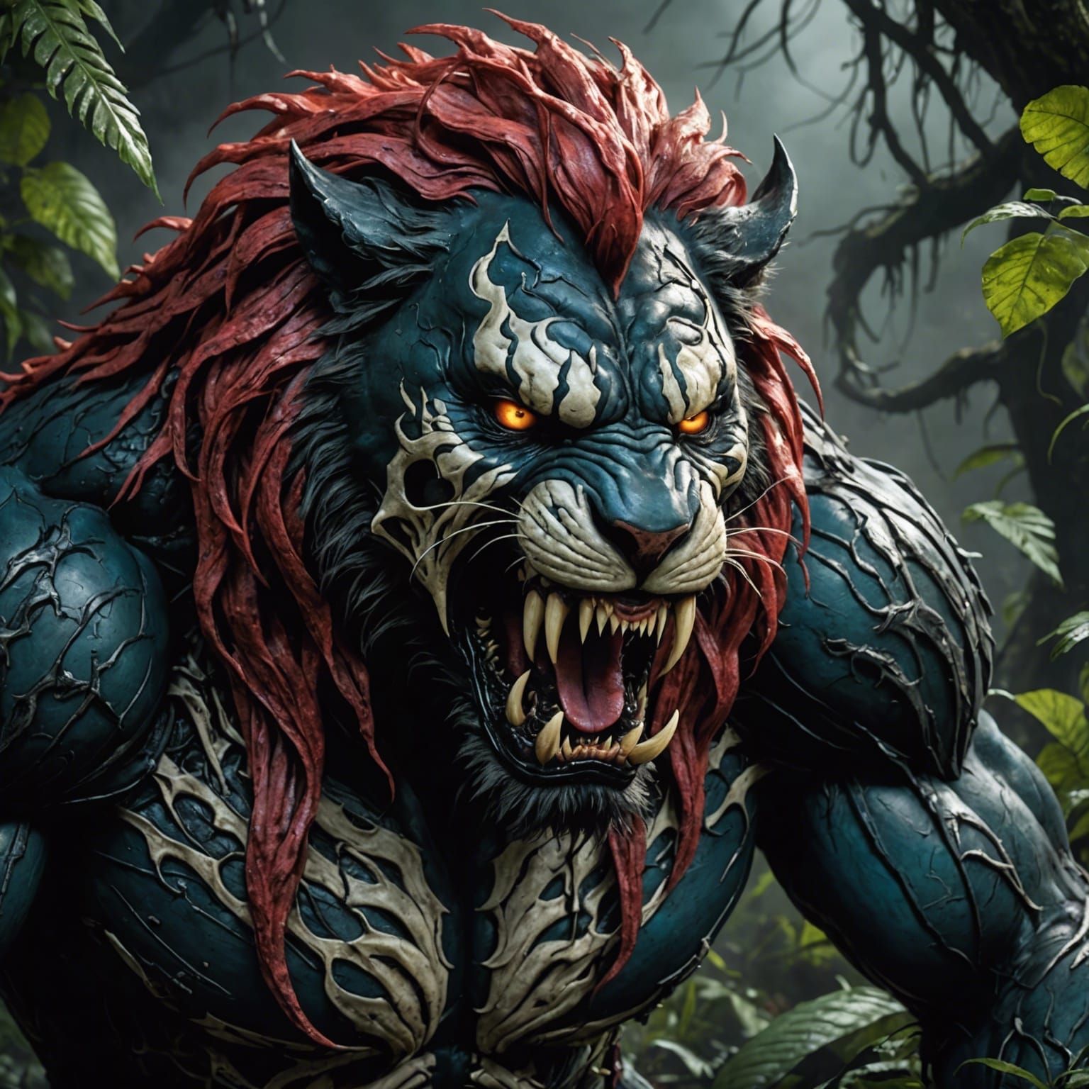 The lion_Scar, Is alien-zombie-squid-venom-spider-mutant infected_scratches scar_lion_creepy_horror_face, furrowed brows...