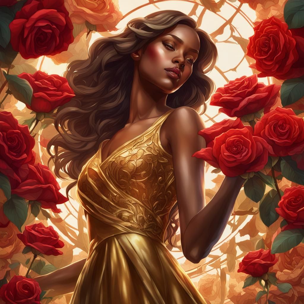 Woman with Rose in Hyperdetailed Rose Garden