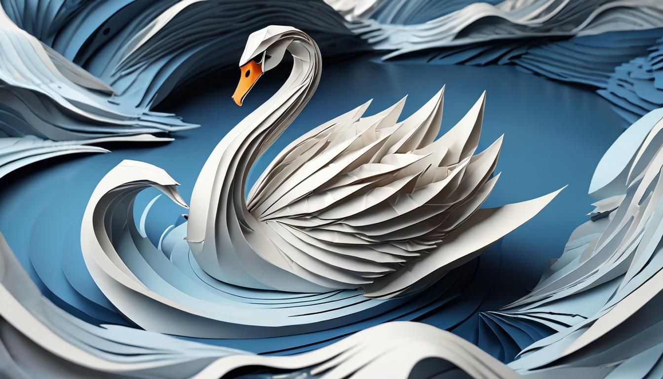 a white origami swan on a blue kirigami river abstract vecto...