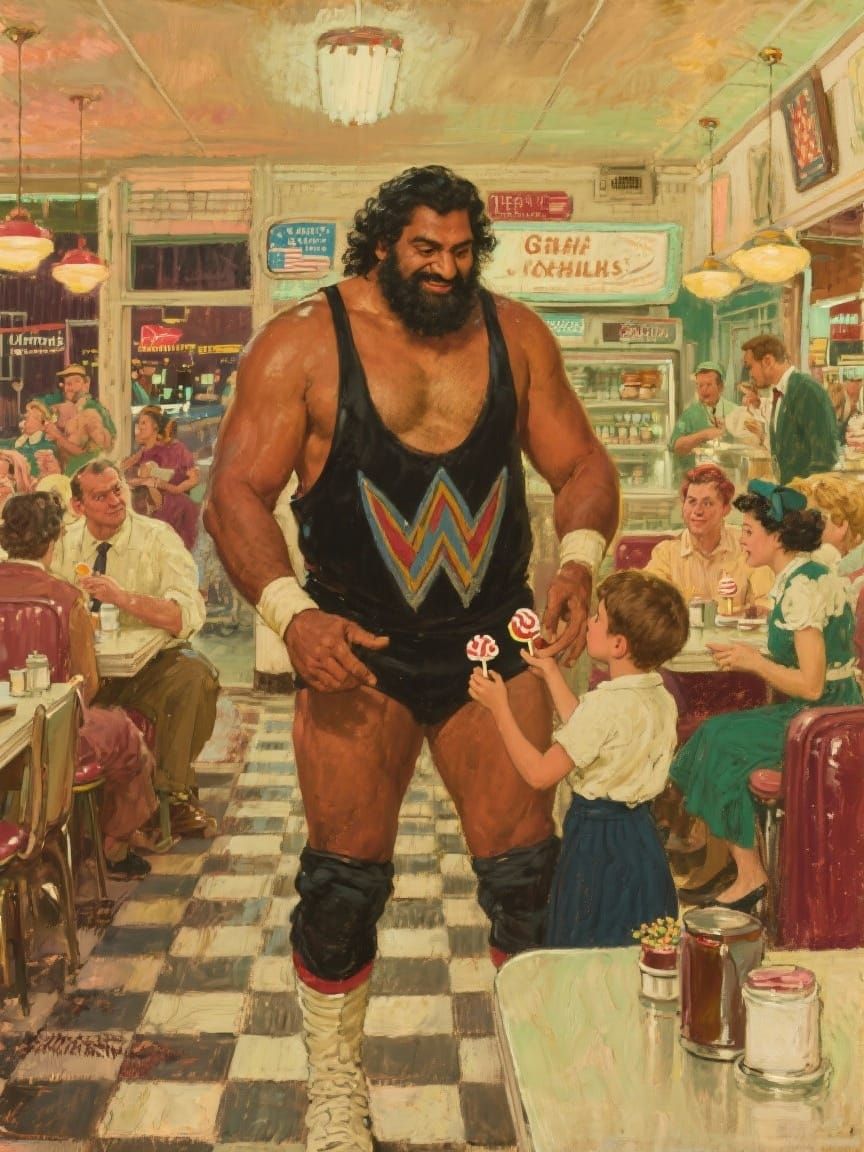 The Great Khali in a 1950s Diner Oil Painting