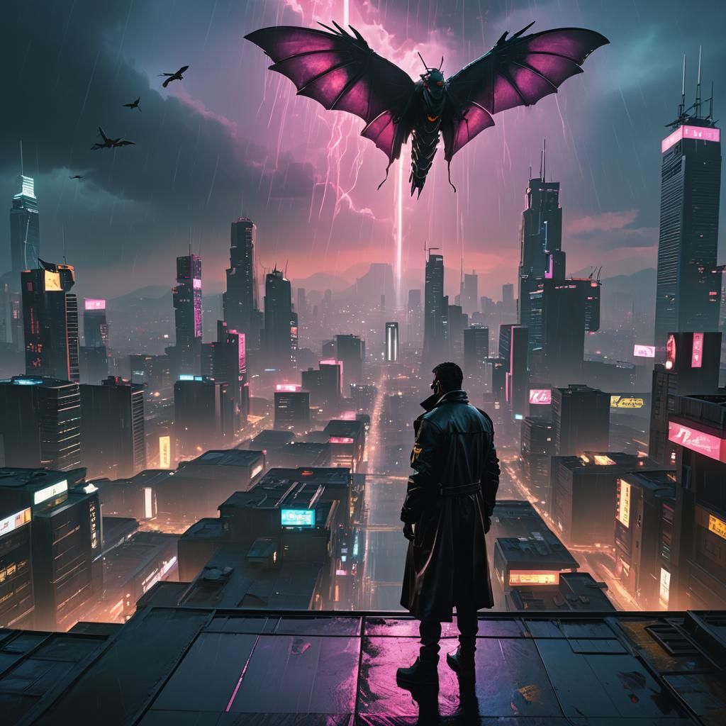 Cyberpunk Hunter Gazes at Giant Moth in Cityscape