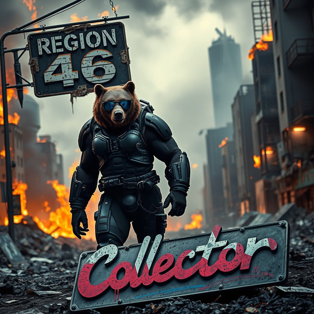 Armored Bear Walks Through Burning Cyberpunk Cityscape