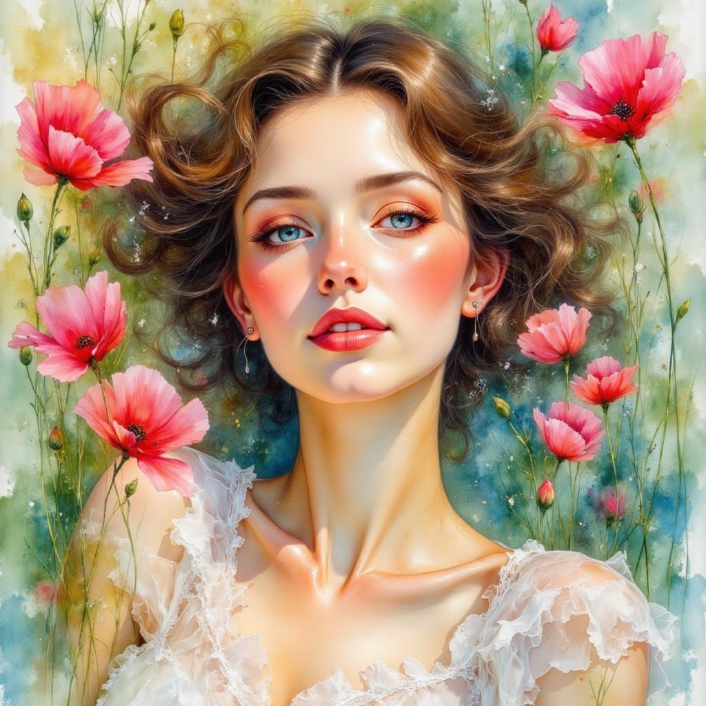 Dreamy Watercolor of Woman in Poppy Field