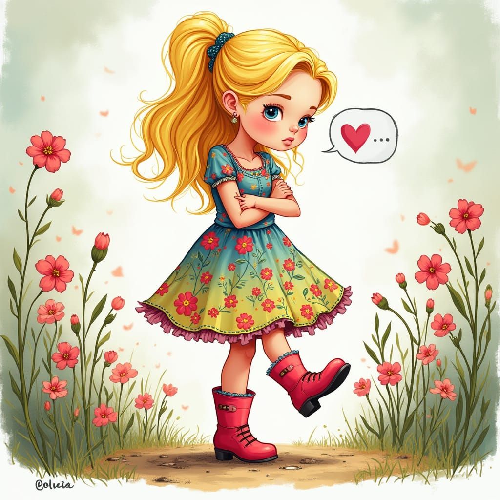 Cartoon Blonde Girl with Pouting Expression