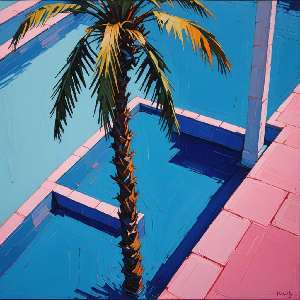 Mondrian-Inspired Geometric Oasis with Palm Tree and Neon Ac...