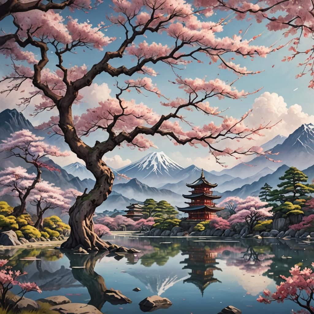 Sakura Tree by Lake: Watercolor Painting