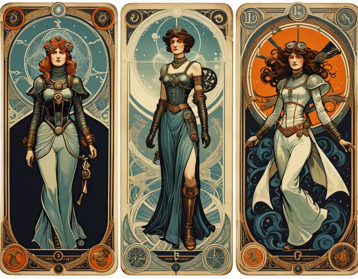 Vintage Dieselpunk Triptych Inspired by Mucha Tarot