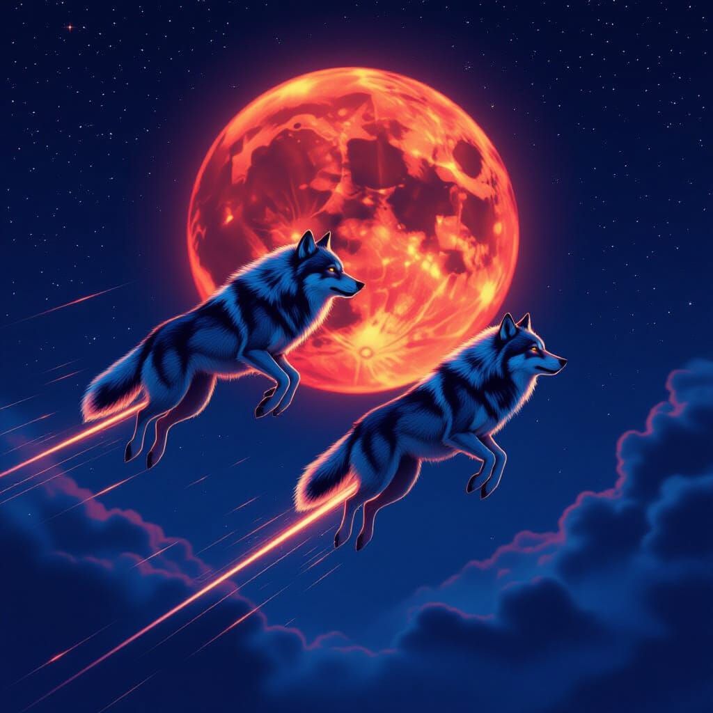Wolves Soar Under Starry Sky with Crimson Moon