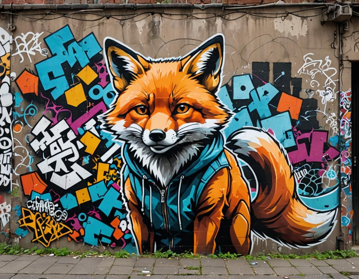 Hip-Hop Fox Mural on Abandoned City Wall