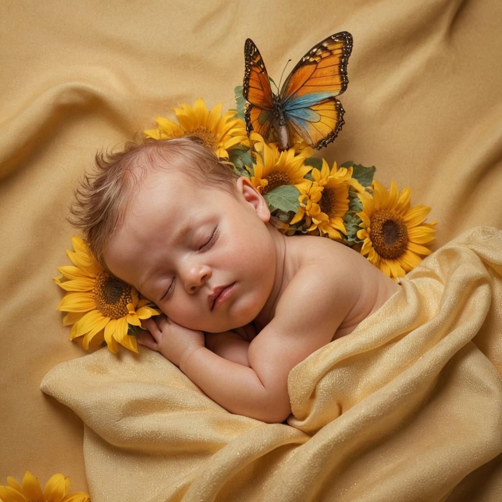 Sleeping Baby with Butterfly Wings on Sunflower
