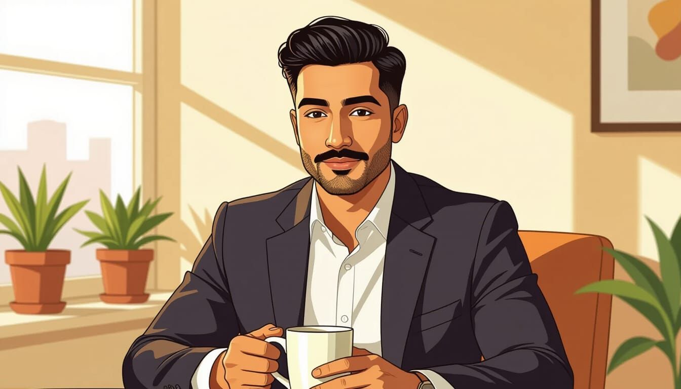 South Asian Man in Warm-Toned Cartoon Style