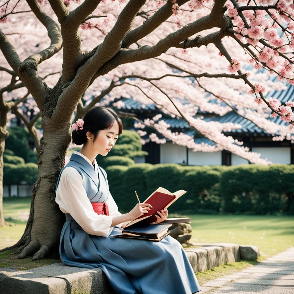 Young Woman Writing Memoirs Under Cherry Tree