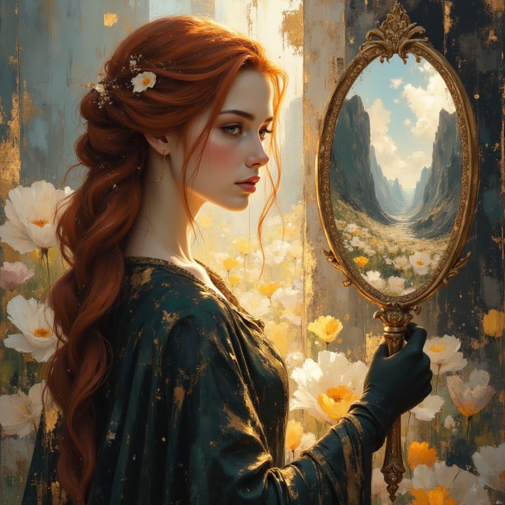 Knight Gazes into Mirror Reflecting Ethereal Landscape