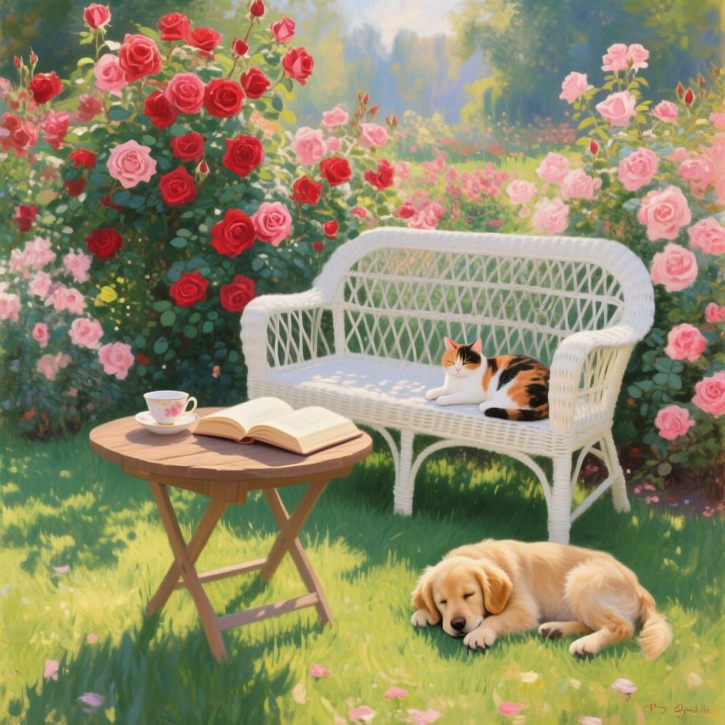 Impressionist Rose Garden with Sleeping Pets and Open Book