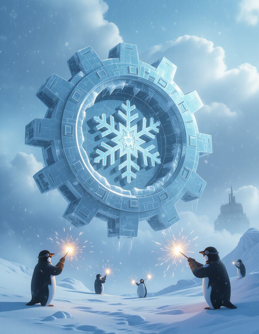 Surreal Ice Gear Factory Floats Above Snowstorm