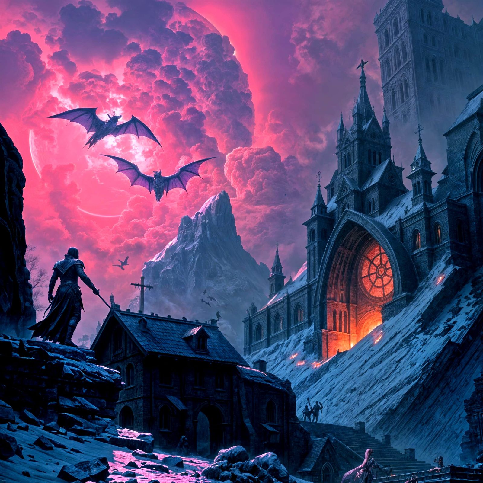 Doré-Inspired Cyberpunk Horror Scene in Vibrant Pink and Aub...