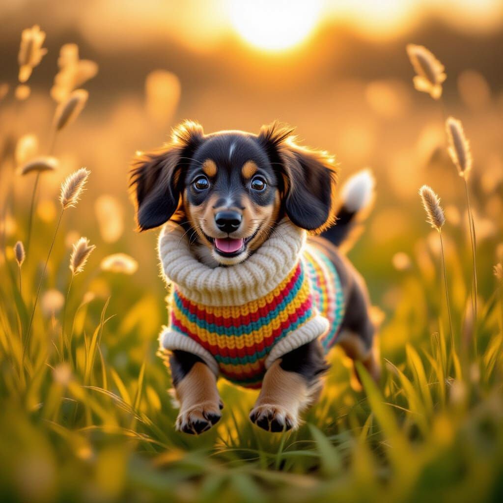 Dachshund Puppy in Sweater, Storybook Illustration